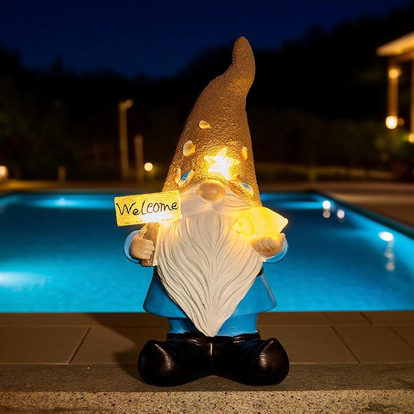 Solar Garden Gnomes Decor Outdoor Statue - Gnome Welcome Sign with LED Waterproof Sculptures Lights, Gnome Pond/Yard Statues Outside Decoration, Home, Lawn, Patio, Resin Ornament, Gardening Gift-VerdiqueGarden