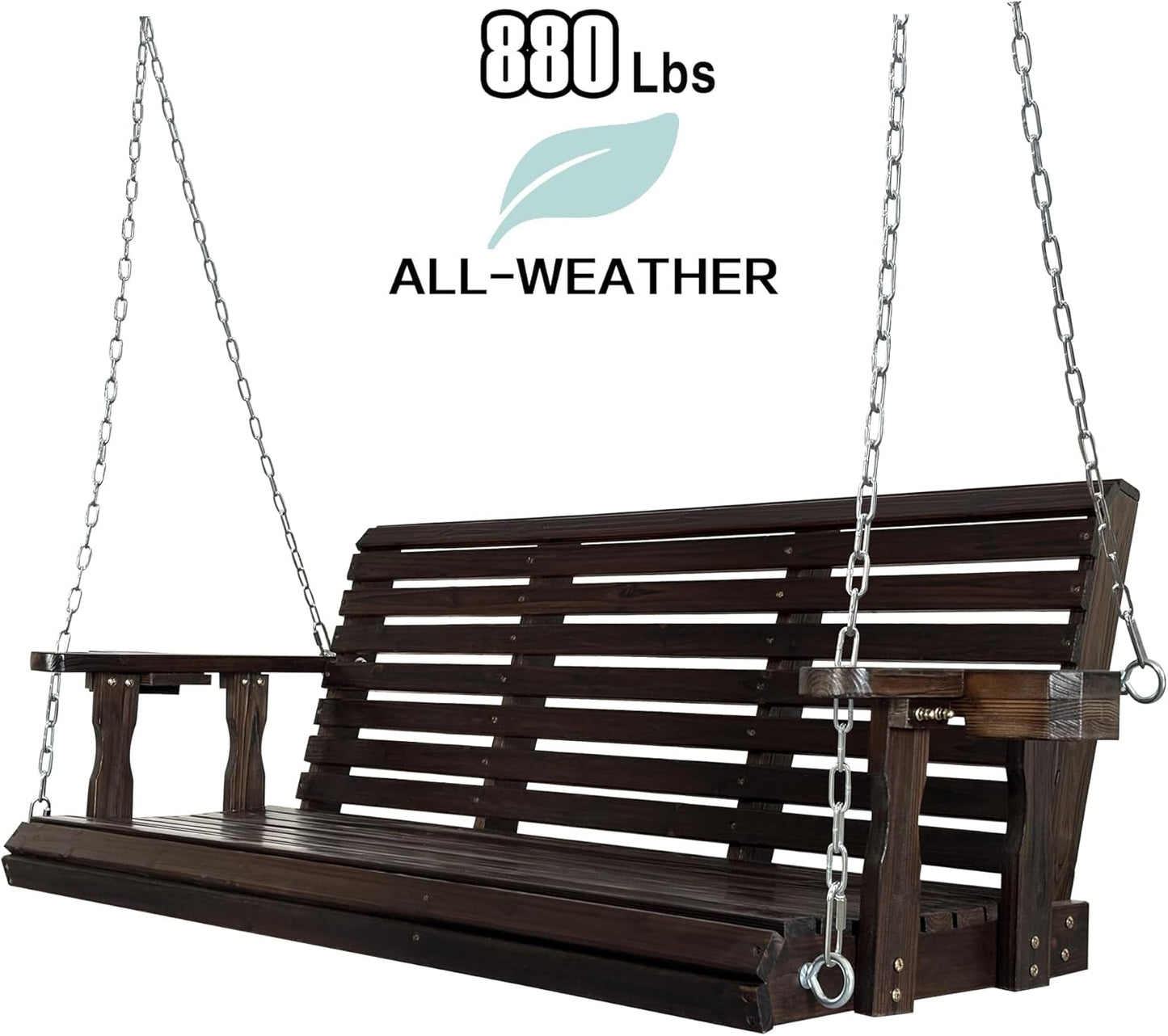 Fortune Candy Wooden Porch Swing 3-Seater, High Backrest and Deep Seat, Bench Swing with Cupholders, Hanging Chains and 7mm Springs, Heavy Duty 880 LBS (Deep Brown, 5 FT Extra Large)-VerdiqueGarden
