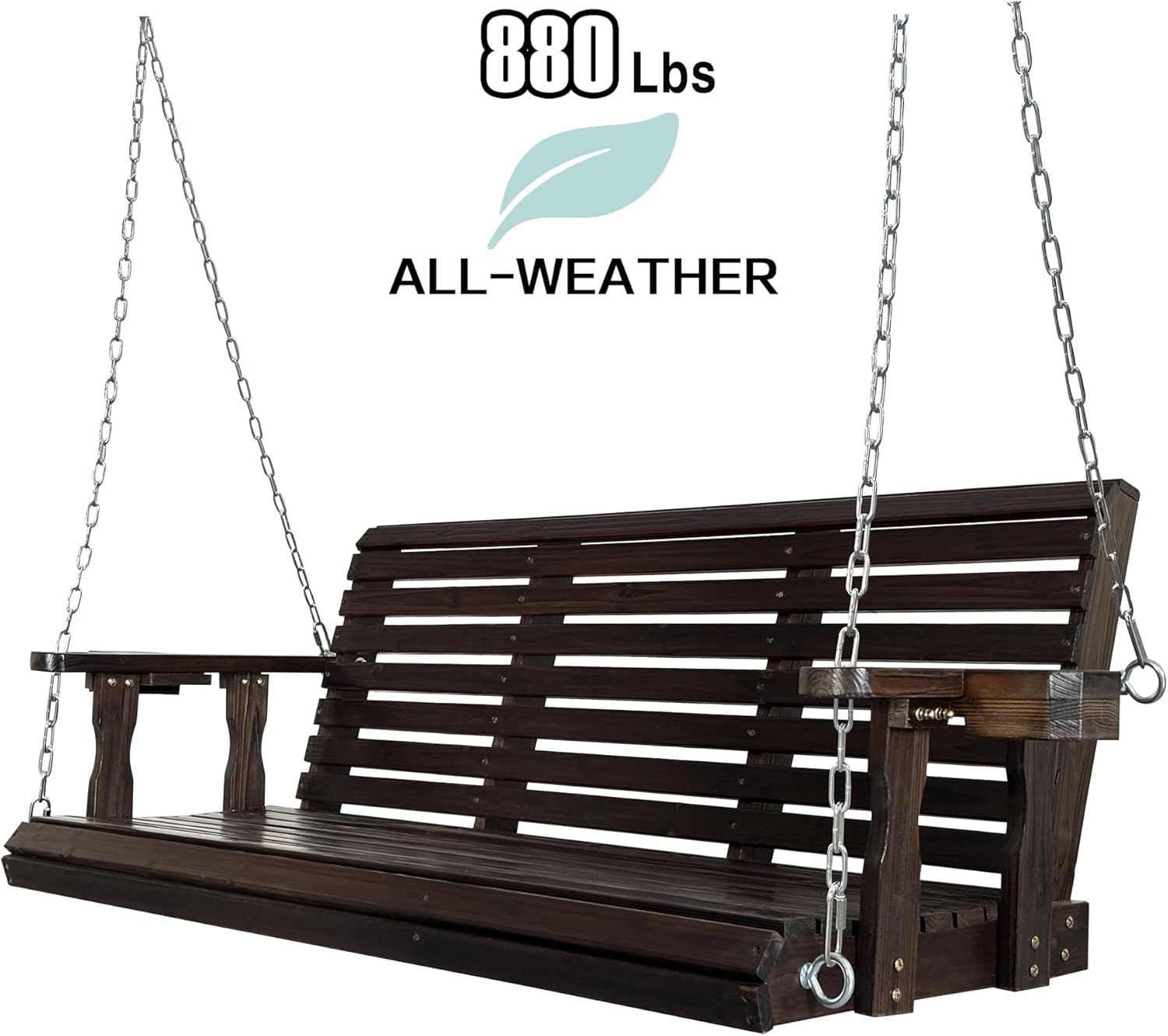 Fortune Candy Wooden Porch Swing 3-Seater, High Backrest and Deep Seat, Bench Swing with Cupholders, Hanging Chains and 7mm Springs, Heavy Duty 880 LBS (Deep Brown, 5 FT Extra Large)-VerdiqueGarden