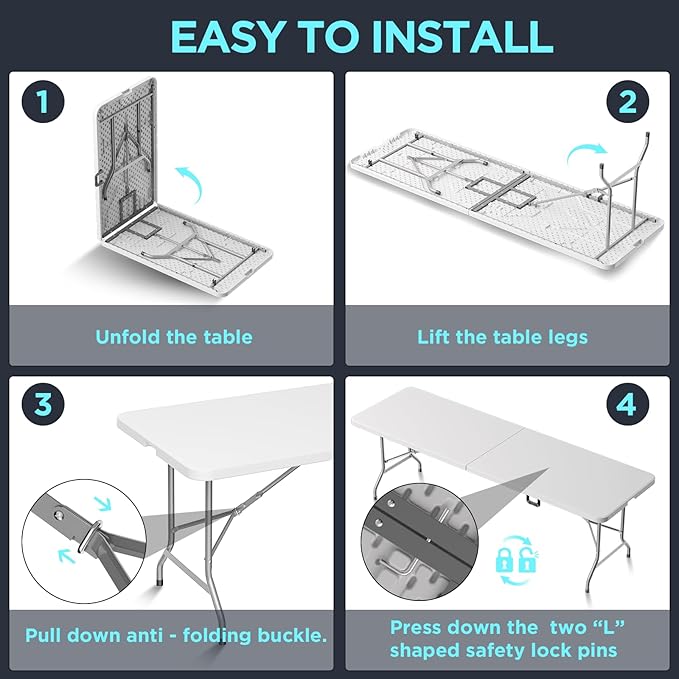HLPB Folding Table Picnic Table, 8 ft Portable Camping Table with Handle and Safety Locks, Foldable Table Plastic Dining Table Indoor Outdoor for Camping, Picnic and Party-VerdiqueGarden