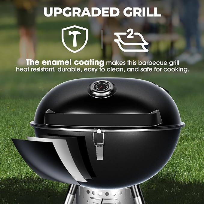 Premium 22 Inch Charcoal Grills with 2 Foldable Tables, BBQ Grill with Cover, Outdoor Barbecue Grill with Ash Catcher, Portable Charcoal Kettle Grills with Wheels for Camping Party Backyard-VerdiqueGarden