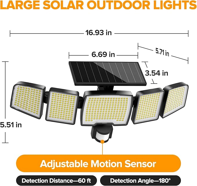 UME Solar Outdoor Lights 620 LED 4500LM, IP65 Waterproof Motion Sensor Outdoor Lights, 5 Heads Solar Security Flood Light 270 Wide Lighting Angle with 3 Modes for Garden Patio Yard - 2 Pack-VerdiqueGarden