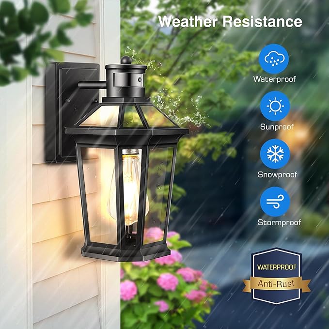 VIANIS Motion Sensor Outdoor Lighting, Outdoor Wall Lights Wall Mount with Clear Glass, Black Dusk to Dawn Garage Light Sconce, Waterproof Exterior Lights for House, Brightness Distance Adjustable-VerdiqueGarden