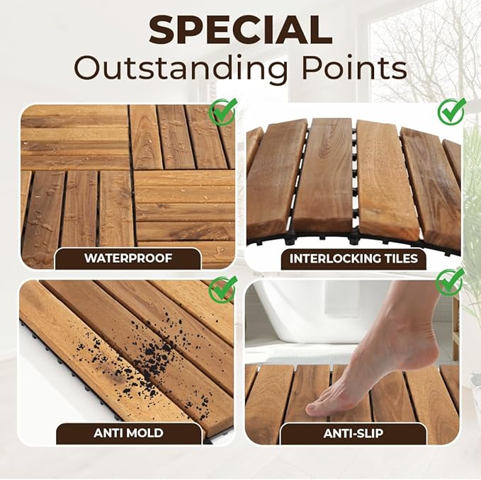Pack of 10 Deck Tiles - 12"x12" Interlocking Natural Solid Acacia Wood for Outdoor & Indoor, Patio Garden, Balcony, Poolside - Natural6 Color-VerdiqueGarden