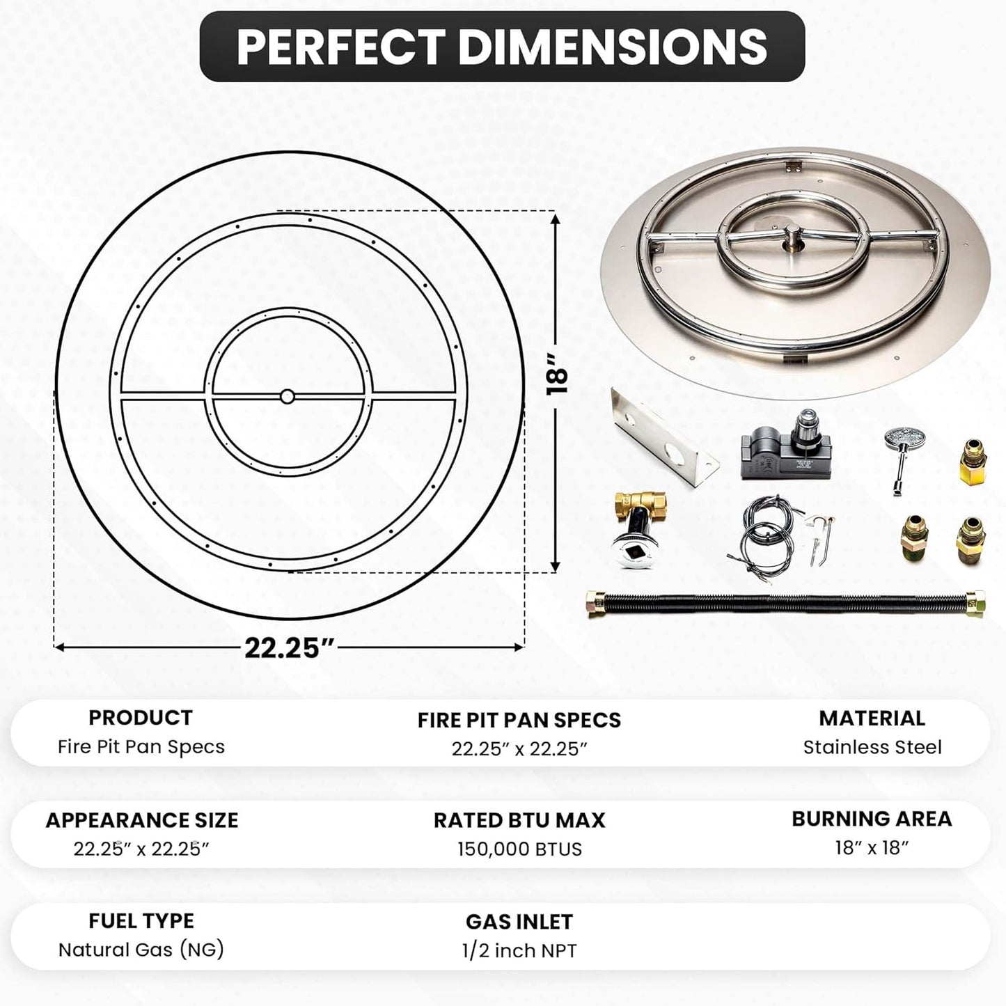 Stainless Steel Fire Pit Burner Pan & Ring Standard Kit with Spark Ignition for Natural Gas, 22-Inch Pan, 18-Inch Ring, 150,000 BTU Max-VerdiqueGarden