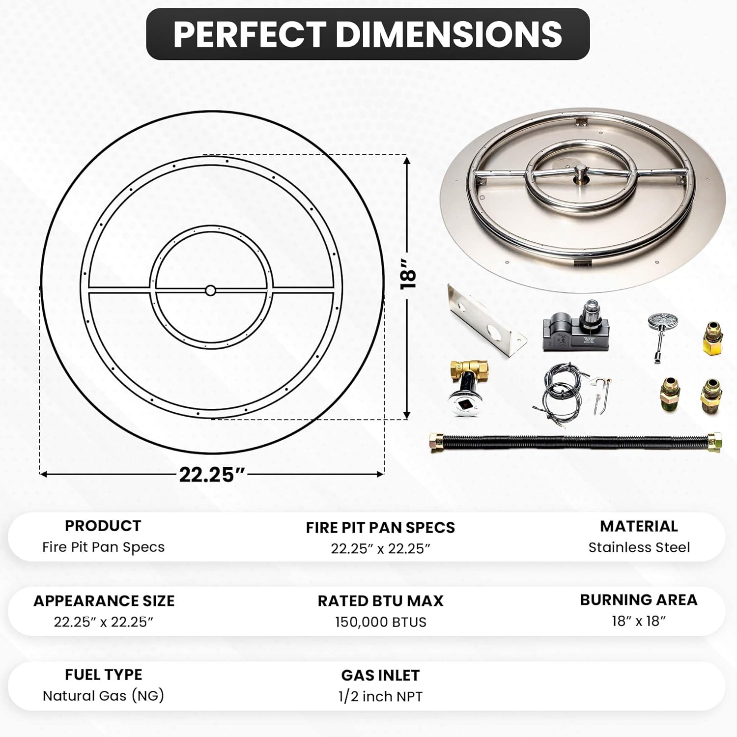 Stainless Steel Fire Pit Burner Pan & Ring Standard Kit with Spark Ignition for Natural Gas, 22-Inch Pan, 18-Inch Ring, 150,000 BTU Max-VerdiqueGarden