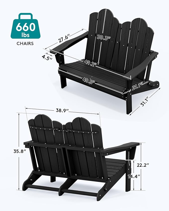 SERWALL Folding Adirondack Bench, HDPE All-Weather Adirondack Loveseat, 660 lbs Capacity, Foldable Outdoor Patio Bench for Deck, Lawn, Garden, Black-VerdiqueGarden