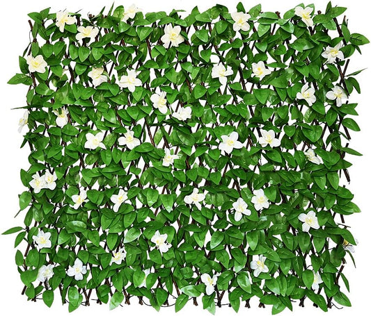 Expandable Fence Privacy Screen for Balcony Patio Outdoor,Decorative Faux Ivy Fencing Panel,Artificial Hedges (Single Sided Leaves) (4, White Flowers)-VerdiqueGarden
