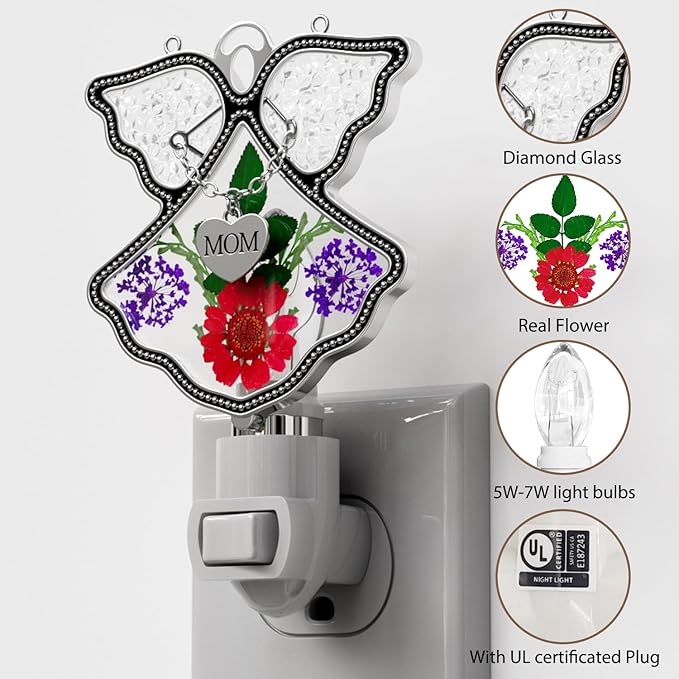 KY&BOSAM Night Light Mom Stained Glass Angel Night Lights Plug Into Wall with Real Flower in Glass and Metal Charm Night Light for Nursery Bedroom Bathroom Decorative Accent Lite Elegant Home Decor-VerdiqueGarden