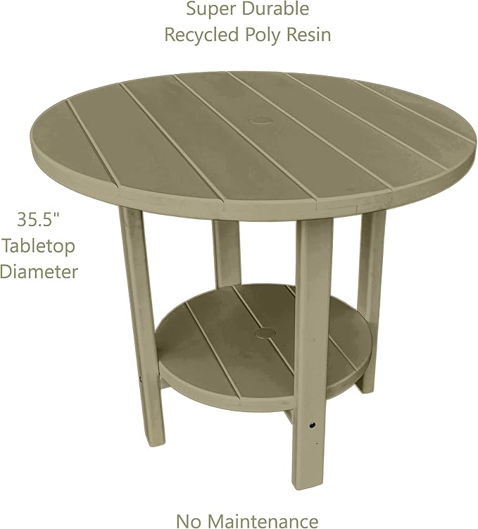 Phat Tommy Round Poly Resin Outdoor Patio Dining Table, All Weather Poly Patio Outdoor Furniture, Weatherwood-VerdiqueGarden