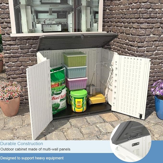 KINYING Outdoor Storage Shed-Horizontal Storage Cabinet Waterproof for Garden, Patios, Backyards, 35 Cu.ft Resin Tool Shed for Garbage Cans, Small Tools, Lawn Mower,Off-White Color-VerdiqueGarden