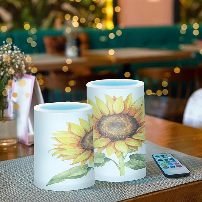 Flickering Flameless Candles, Beautiful Sunflower LED Candles with Remote Timer, Set of 2 Battery Operated Candle for Valentine Wedding Birthday-VerdiqueGarden