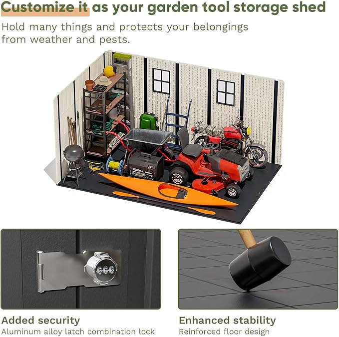 Patiowell 8 x 12 FT Plastic Outdoor Storage Shed with Floor, Resin Shed with Window and Lockable Door for Garden, Backyard, Tool Storage Use, Easy to Install in Beige (Kick-it Shed)-VerdiqueGarden