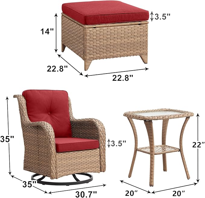 Outdoor Wicker Patio Furniture Set - 5 Pieces Rattan Patio Conversation Set with 2 Rocking Swivel Chairs,2 Ottomans and 1 Side Table for Porch Deck Backyard Garden(Yellow/Red)-VerdiqueGarden