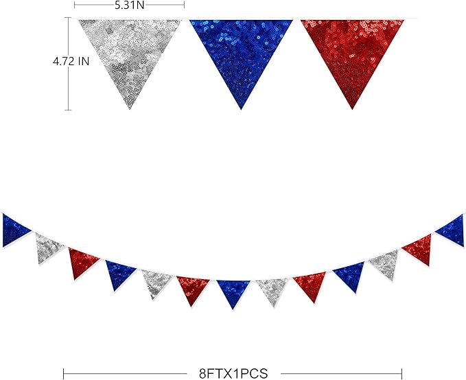 pinkblume Red Blue Silver Decorations Double Sided Sequin Fabric Triangle Pennant Banner Flag Bunting Garland for Nursery Classroom Home Bedroom Wall 4th of July American Veterans USA Holiday Decor-VerdiqueGarden