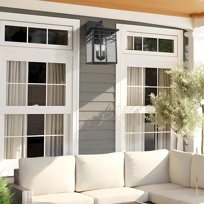 Outdoor Light Fixture Wall Mount, Black Exterior Light Fixture Wall Sconces with Seeded Glass for Front Porch, Large Waterproof Outdoor Square Wall Lantern Outside for House Doorway-VerdiqueGarden