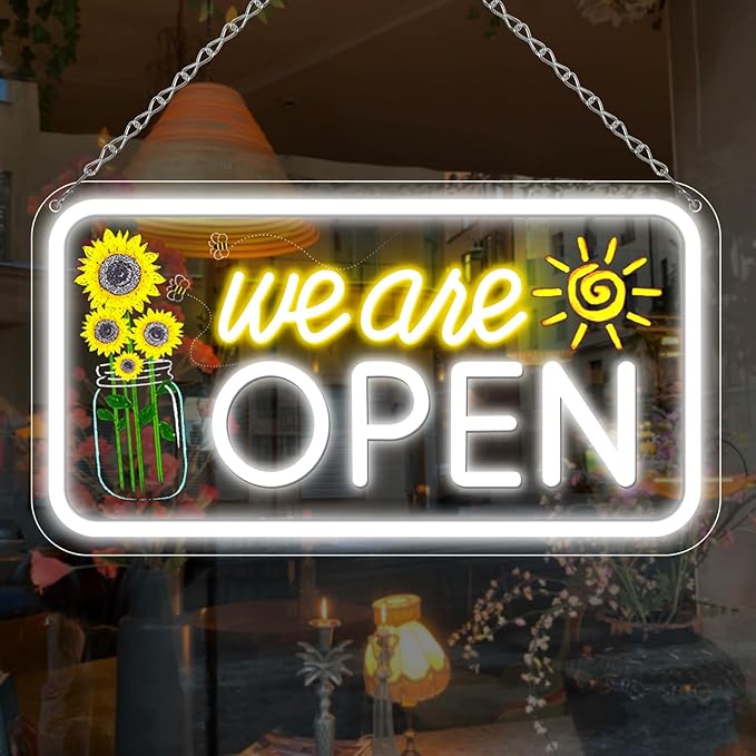 Neon We are Open Signs for Business, 16.5x9'' Open Sign with Printed Flower and Sun, with ON/OFF Switch & Adapter, Daylight White, Ideal for Window, Party, Wall, Bars, Coffee Shops, Salons, Clubs, Hotels-VerdiqueGarden