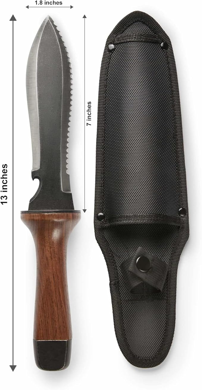 Hori Hori Garden Knife, Traditional Japanese Weeding Tool with ergonomic wooden handle. Large 7'inch blade with case. (Standard blade)-VerdiqueGarden