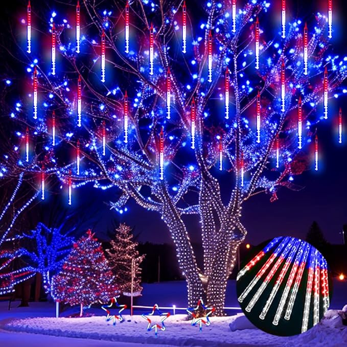 Aokudoni 4th of July Decorations Outdoor, 16 Inch Red White and Blue Meteor Shower Lights for Independence/National/Memorial Day, LED Christmas Lights Outdoor for Yard Garden Tree Holiday Party-VerdiqueGarden