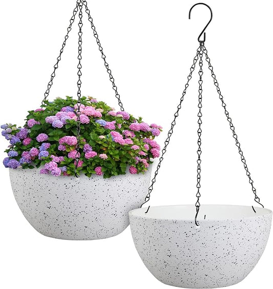 12 inch Large Hanging Planters for Indoor Outdoor Plants, 2 Pack Hanging Flower Pots with Drainage Holes and Chain for Garden Porch, Plastic Hanging Baskets for House Plants, Speckled White-VerdiqueGarden