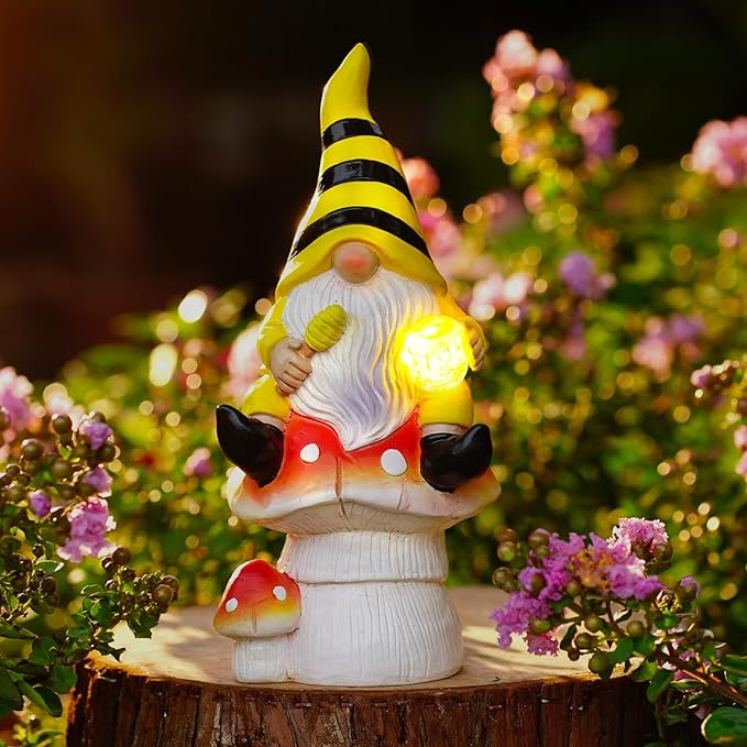 Solar Gnome on Mushroom Decor for Yard Decorations - 10 Inch Gnome Statue Decor for Outdoor,Perfect Garden Gifts for Women,Mom-VerdiqueGarden