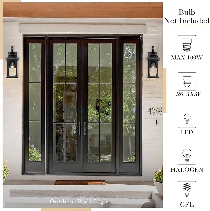 zeyu Outdoor Porch Light Wall Light Fixture, 15 Inch Exterior Wall Lighting for House, Die-Cast Aluminum with Seeded Glass, Black Finish, ZD100B BK-VerdiqueGarden