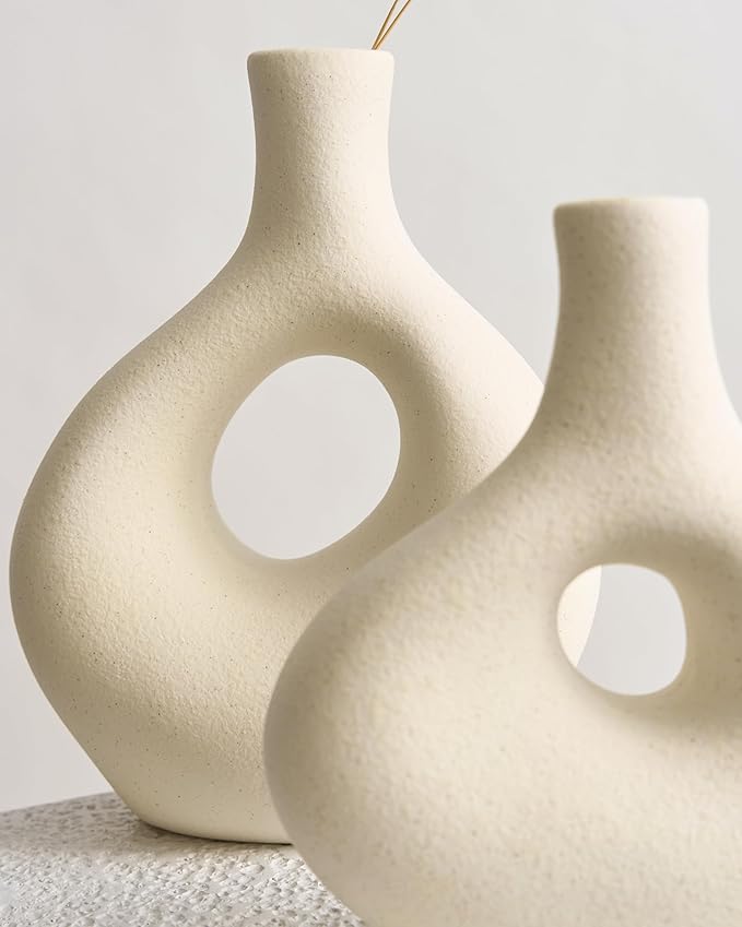 NOBULA White Ceramic Donut Vases – Modern Home Decor for Living Room, Bedroom & Table Centerpiece - Minimalist Nordic – Unique Vases for Olive Plant & Flowers – Decorative Coffee Table Vase Set of 2-VerdiqueGarden