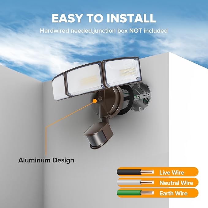 LUTEC 72W 7500LM LED Security Lights Motion Sensor Light Outdoor, 5000K Daylight, IP65 Waterproof, Dusk to Dawn, 3-Head Motion Detected Flood Light for Garage, Yard, Porch(Brown)-VerdiqueGarden
