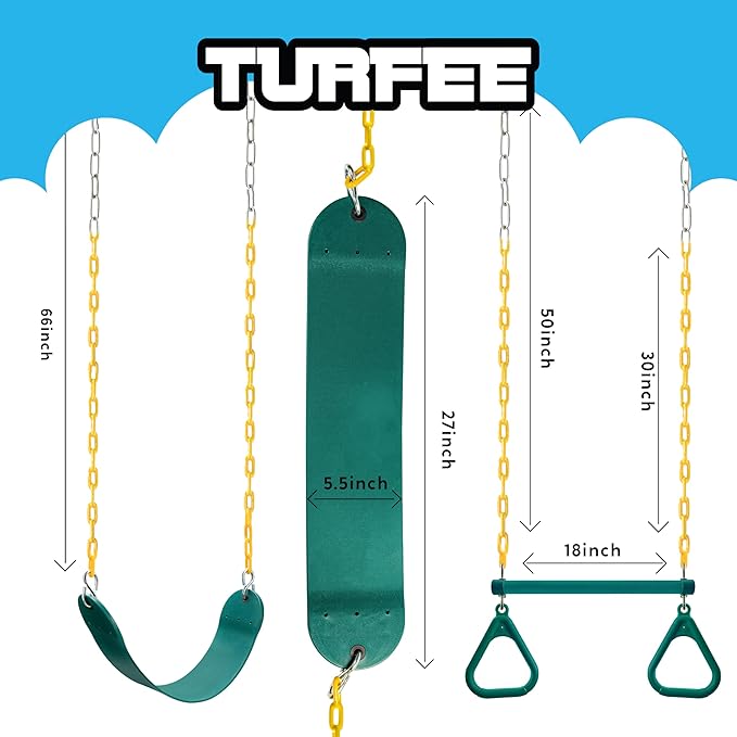 TURFEE 3 Pack Assorted Swing Set, Including 1 Gym Rings Trapeze Bar and 2 Pcs Swings with Plastic Coated Chain, Swingset Accessories Replacement for Kids Outdoor Play, Playground- Green-VerdiqueGarden