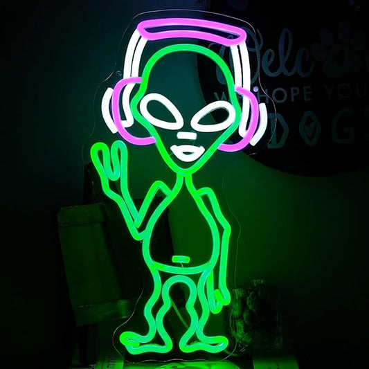 Alien Neon Sign for Wall Decor - Green Music Neon Light Dimmable Cool LED Light Up Sign for Music Studio, Game Room, Party, Bar, Man Cave Decoration-VerdiqueGarden