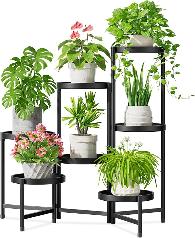 iDavosic.ly 7 Tier Large Plant Stand Indoor with 10 Inch Wide Tray, Tiered Corner Metal Outdoor Flower Display Holder Shelf, Folding Tall Rack for Patio Porch Living Room, Modern Black-VerdiqueGarden
