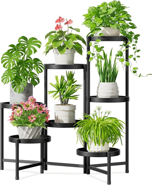 iDavosic.ly 7 Tier Large Plant Stand Indoor with 10 Inch Wide Tray, Tiered Corner Metal Outdoor Flower Display Holder Shelf, Folding Tall Rack for Patio Porch Living Room, Modern Black-VerdiqueGarden
