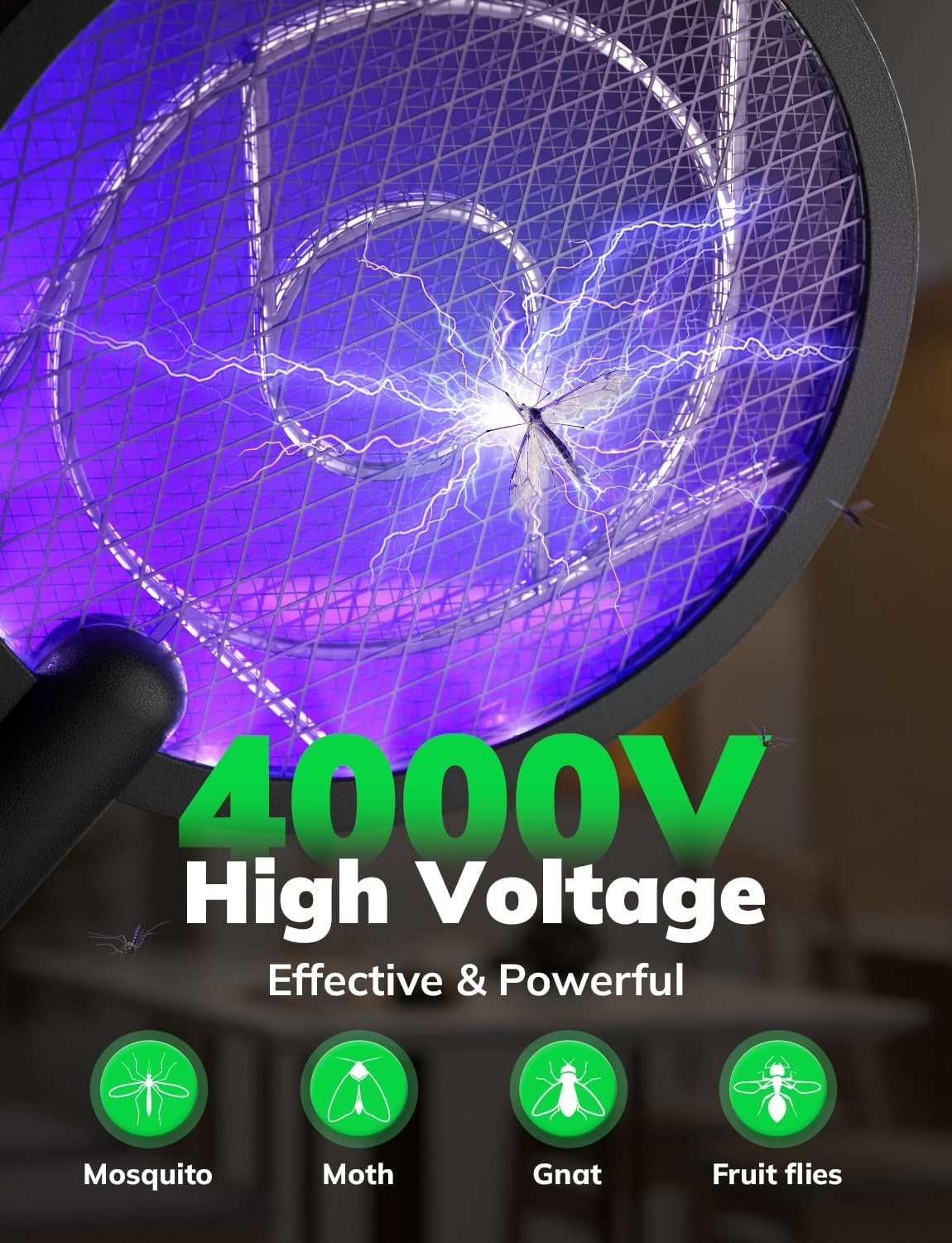 YISSVIC Electric Fly Swatter Bug Zapper Racket 4000V LED Screen Dual Modes Fly Zapper Rechargeable for Indoor Home Office Backyard Patio Camping-VerdiqueGarden