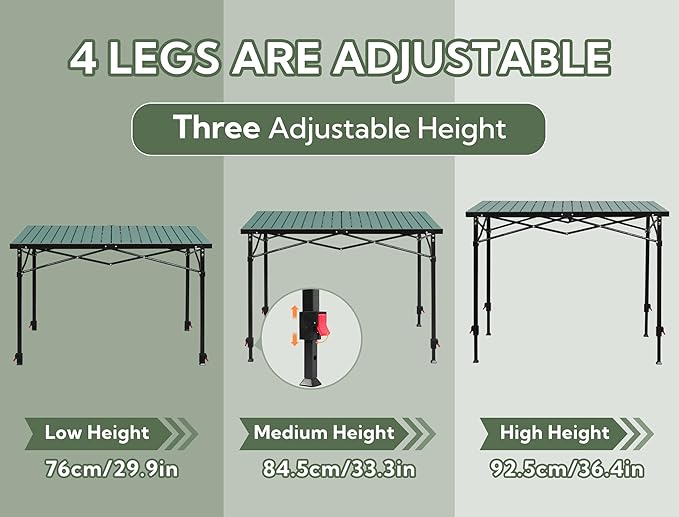 Portable Outdoor Adjustable Height Camping Table, Large for 2-6 Person, Foldable Roll-up Aluminum Camp Table with Carry Bag for Picnic, Camp, Sturdy, Stable, Loads 220 Lbs (Green)-VerdiqueGarden