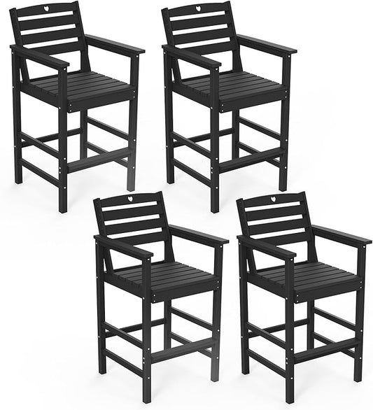 Tall Adirondack Chairs Set of 4, HDPE Wood Balcony Adirondack Chairs Set with Heart Cutout Design, Weather-Resistant Bar Height Furniture for Deck, Porch, Pool (Black)-VerdiqueGarden