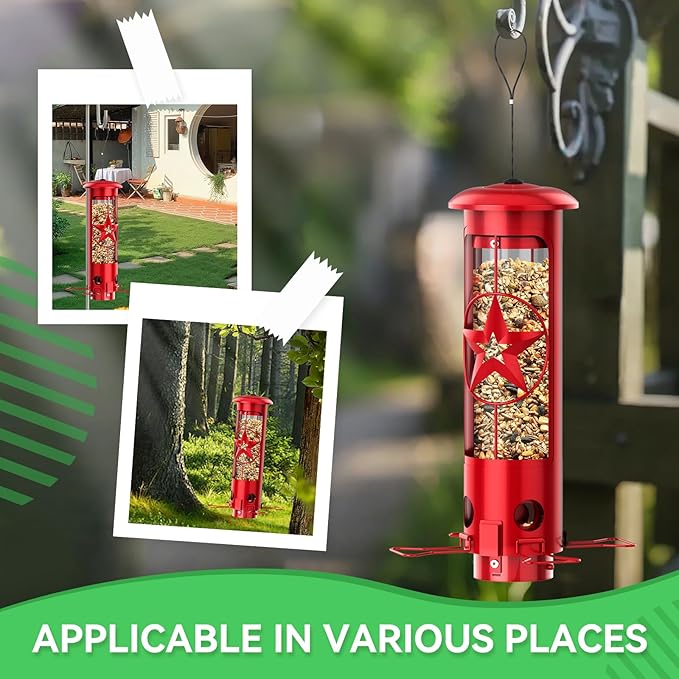 Squirrel Proof Bird Feeders for Outdoors Hanging, Metal Squirrel Proof Bird Feeder with Gravity Protection, 3LB Large Capacity Wild Bird Feeders for Outside Finch, Cardinal, Blue Jay (Red)-VerdiqueGarden