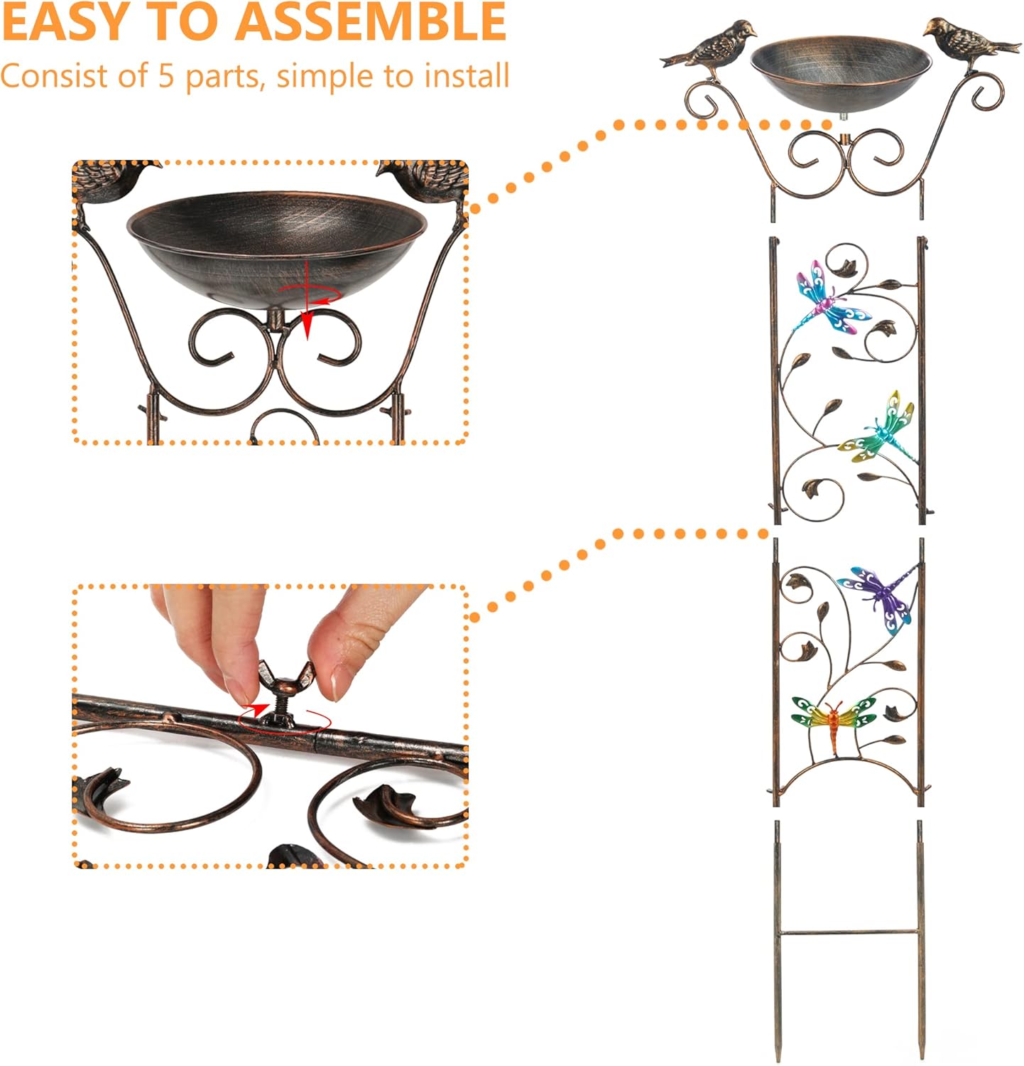 LEWIS&WAYNE Garden Trellis Bird Bath Outdoor, 40 Inch Antique Iron Garden Plant Trellis Decorative with Dragonfly and Detachable Drinking Basin Bowl, Free Standing BirdBath Birdfeeder Station-VerdiqueGarden