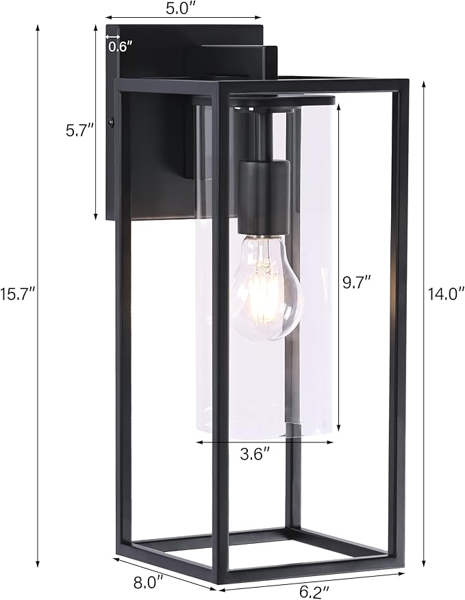 15.7 Inch Outdoor Wall Lights, Black Outdoor Wall Lantern with Square Clear Glass Shade, Waterproof Exterior Lighting Fixtures, Modern Front Porch Lighting for House, Garage, E26 Base, ETL Listed-VerdiqueGarden