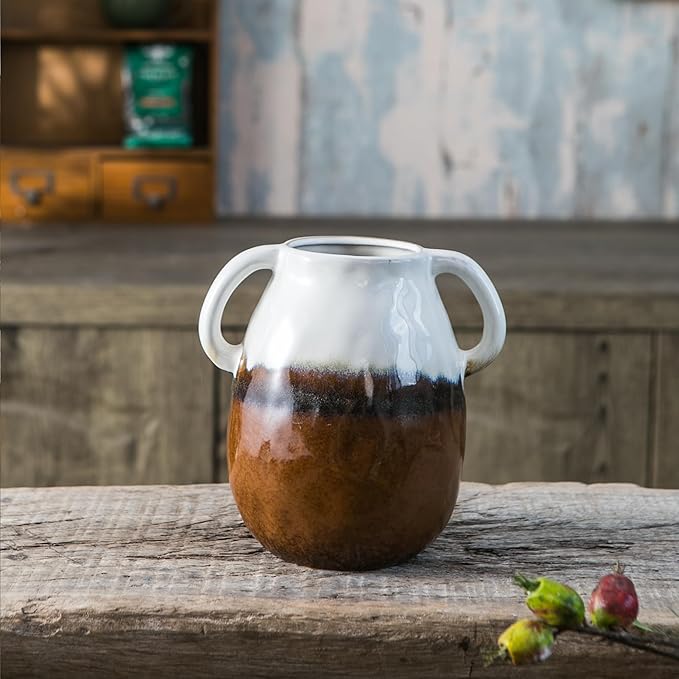 Multi Gradient Ceramic Vase with 2 Handles, Modern Farmhouse Decor, Rustic Terracotta Pottery, Decorative Flower Vases, Clay Small Vase, Centerpiece for Dining Table - 7 Inch Tall-VerdiqueGarden