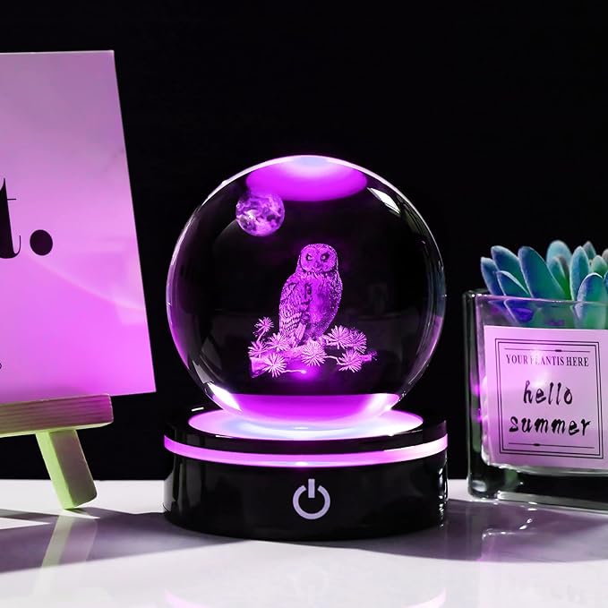 YWHL 3D Owl Figurine Crystal Ball With Colorful Light Base, Gifts for Women Men Lovers on Christmas Birthday, Laser Engraved Sphere Glass Ball for Home Office Decoration (80mm)-VerdiqueGarden