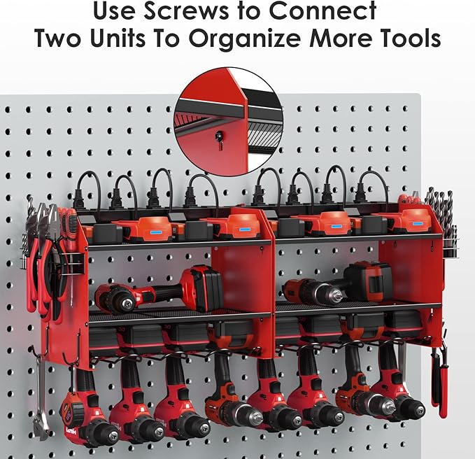 CCCEI Set Power Tool Organizer Wall Mount with Charging Station. Garage 8 Drills Storage Shelf with Hooks, Screwdriver, Drill Bit Heavy Duty Rack, Tool Battery Holder Built in 8 Outlet Power Strip.-VerdiqueGarden