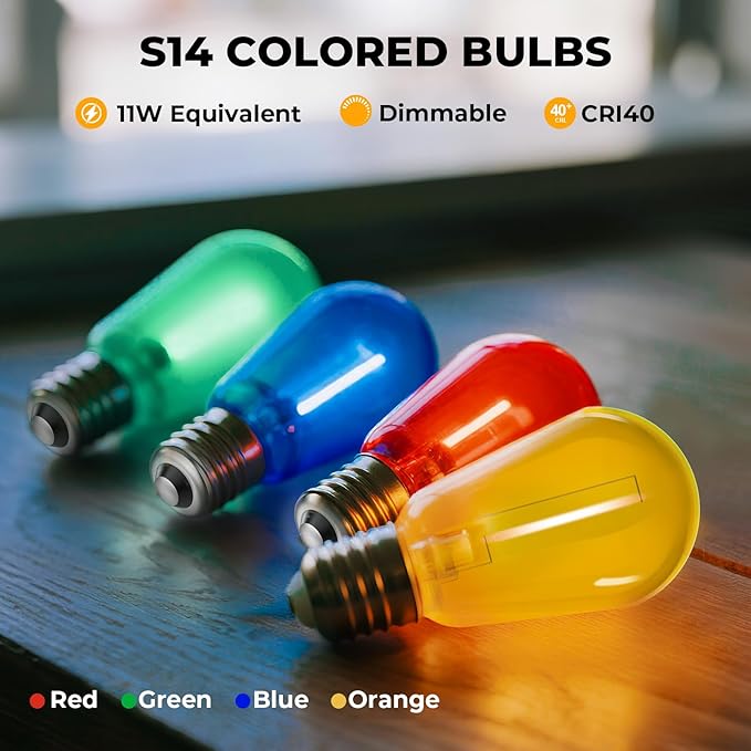 36 Pack LED S14 Colored Light Bulbs for Outdoor String Lights, Shatterproof 1W Replacement Bulbs for Party Lights, 2200K Warm White, Dimmable, E26 Base, Multi-Color: Red/Green/Blue/Orange-VerdiqueGarden