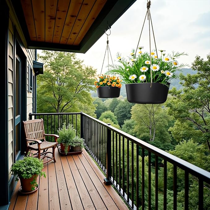 10.7 Inch Hanging Planter for Outdoor Indoor Plants，2 Pack Hanging Flower Pots with Drain Holes for Garden Home Decor Use (Black)-VerdiqueGarden