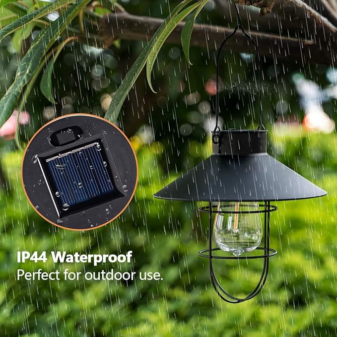 HUYIENO 2Pack Solar Metal Hanging Lantern with Shepherd Hook Outdoor Led Garden Lights Black-VerdiqueGarden
