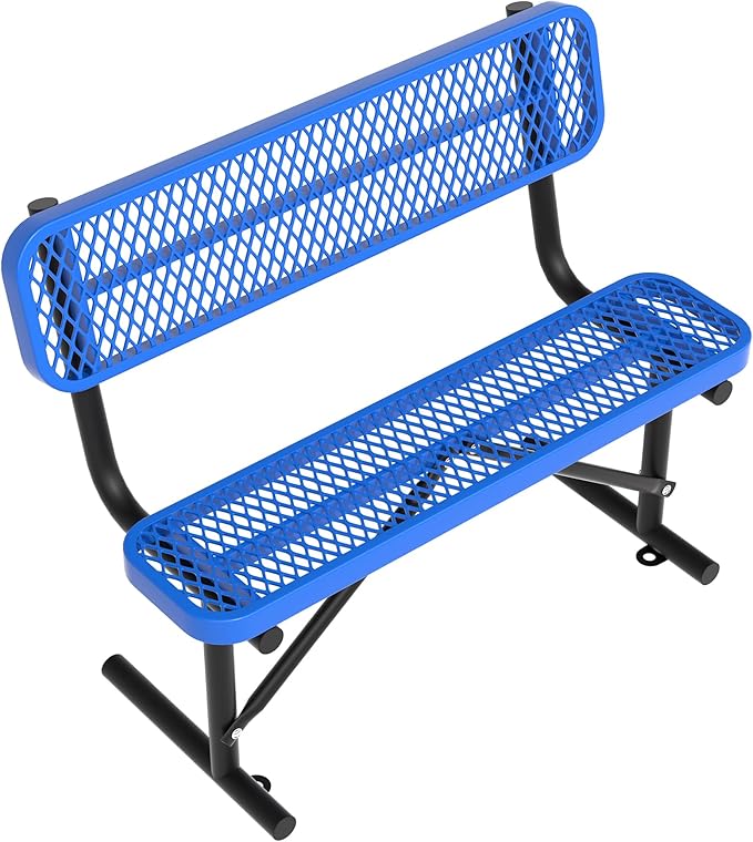 Heavy Duty Park Bench with Back Portable Frame, Outdoor Steel Bench with Backrest, Outdoor Park Bench Expanded Metal Mesh Bench for Lawn, Park, Deck, Garden, Patio, Porch, Black (Blue, 4FT)-VerdiqueGarden