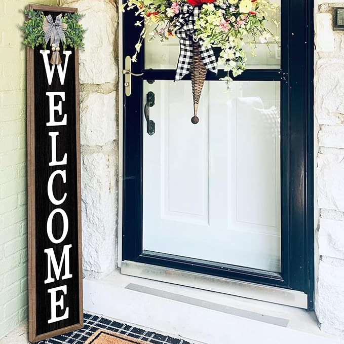 Surfapans Welcome Sign for Front porch Standing 45"X9"Large Wood Frame Outdoor Tall Welcome Signs Vertical Decor for Farmhouse Rustic Home Modern Outside Front Door Wall Decorations (Wood Black)-VerdiqueGarden