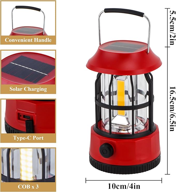 TRIROCKS Set of 2 LED Solar Camping Lantern Dimmable Rechargeable Lantern IPX3 Water-Resistant Portable Emergency Lights Outdoor Camping Lights for Camping Home Power Outage Hurricane Hiking (Red)-VerdiqueGarden
