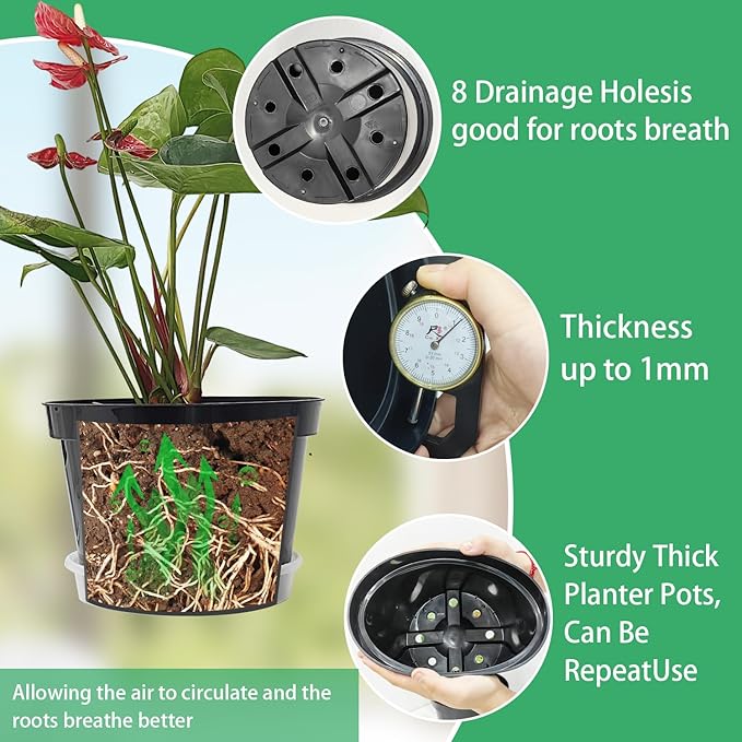 12 Pack Plant Pots, 8 Inch Plant Planter with Clear Saucer, Plastic Pots for Plants Indoor and Out Door Such as Strawberry, Herb and Flowers (Black)-VerdiqueGarden