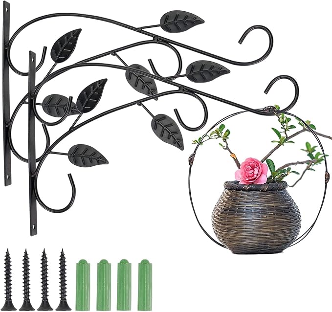4 Leaves Style Metal Hanging Plant Brackets 12 inches x 9 inches, Pack of 2, Wall Mount Plant Hangers, Planter Hooks for Flower Baskets, Bird Feeders in Corridor/Patio/Porch/Garden-VerdiqueGarden