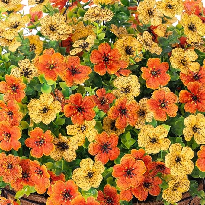Artificial Fake Hanging Mums Plants Flowers Basket for Fall Autumn Outdoor Decor, Faux Silk Orange Dasiy Flower Look Real UV Resistant for Outside Porch Home Patio Garden Decoration-VerdiqueGarden